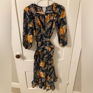 Blue Rain Navy and Orange Fall Floral Wrap Dress